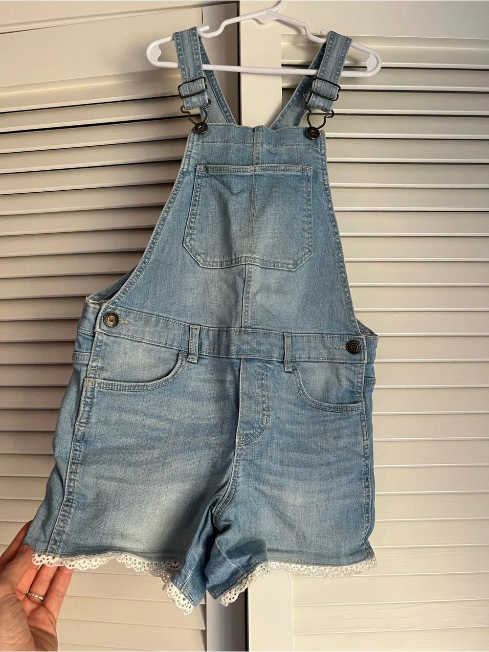 OshKosh B’gosh Girls Denim Shortalls Overalls Lace Trim Size 8